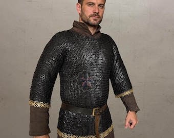 Handmade Chainmail Haubergeon with Brass Trim - 9mm Mild Steel Medieval Armor for LARP, Reenactment