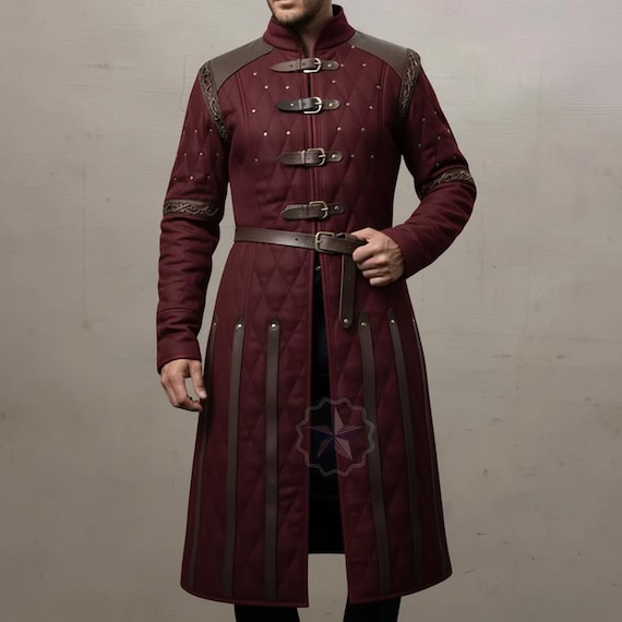 Medieval Gambeson Armor Costume With Brown Leather Trim: Renfaire Larp for Halloween Costume