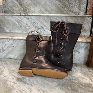 Leather Renaissance boots angled shot showing craftsmanship and stitching.