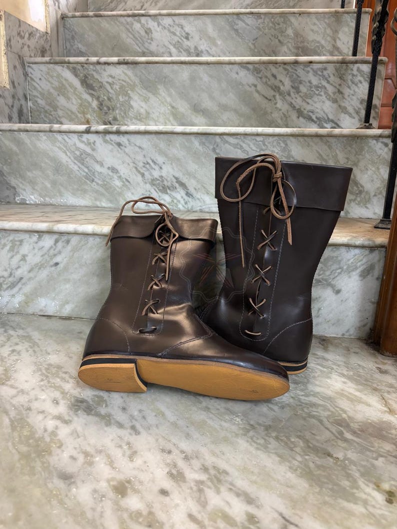 Leather Renaissance boots angled shot showing craftsmanship and stitching.