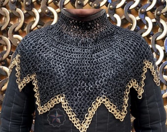 9mm Flat Riveted Chainmail Gorget Collar:  Medieval Armor Neck Guard with Brass Trim, LARP