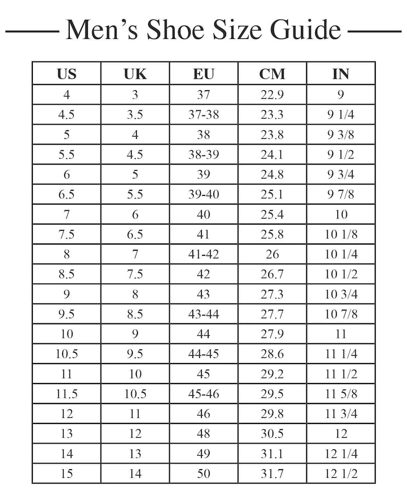 May include: A black and white shoe size guide chart featuring columns for US, UK, EU, CM, and IN measurements. The table lists numerical values ranging from US size 4 to 15, providing corresponding international size conversions for footwear.