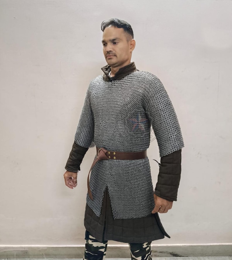 Full-length medieval chainmail hauberk laid flat, handmade 9mm flat riveted mild steel armor