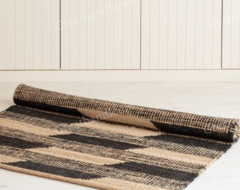 Handwoven Hemp Jute Rug – Black and Natural, Eco-Friendly Decor