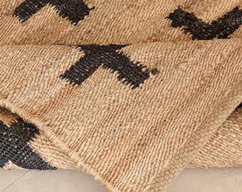 Handwoven Jute Rug with Black Crosses, Bohemian Farmhouse Area Rug