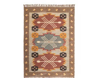 Ręcznie robiony wełniany dywan kilim z juty, wzór plemienny Azteków i Indian