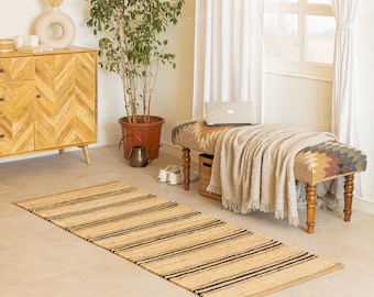 Handmade Black Striped Jute Rug: Natural Hemp Hallway Area Rug