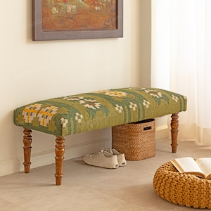 Handmade Kilim Bench: Boho Folding Ottoman with Repurposed Turkish Rug Use