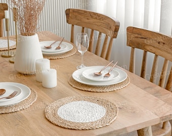 Braided Fique Placemat Set, Round Natural Fiber Dining Decor, 14 inch