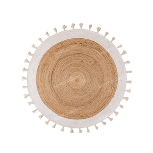 Round Jute Rug - White Tassels Round Rug, Boho Round Rug, Natural Jute Rug, Bordered Round Rug, Circle Rug, Home Decor Round Rug, Custom Rug