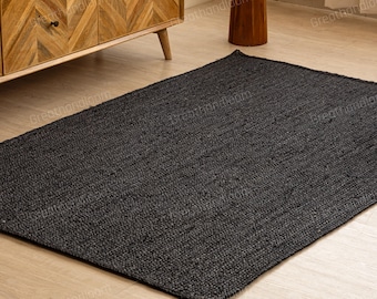 Black Jute Rug, Rectangle Natural Fiber Braided Rug, Bohemian Style