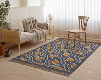 Handwoven Wool Jute Kilim Rug, Traditional Boho Rug