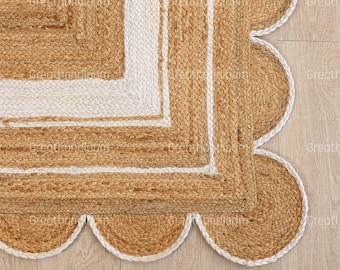 Handmade Scalloped Jute Area Rug, Bohemian Natural Fiber