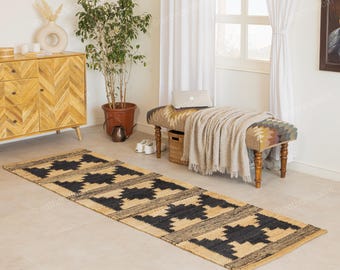Handwoven Striped Hemp Jute Runner Rug: Black Accent, Natural Fiber