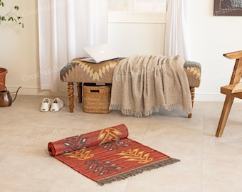 Handgeweven wollen jute loper, kelim-tribal patroon