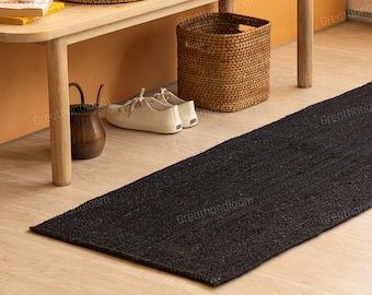 Black Braided Jute Runner Rug, Natural Fiber, Custom Size