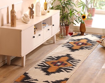 Handwoven Indian Kilim Runner Rug Eco-Friendly Wool Jute Entryway Rug Handmade Hallway Carpet