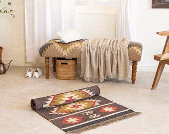 Earthy Brown Kilim Wool Runner – Handwoven Striped Stair Runner