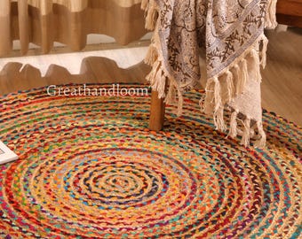 Handgefertigter mehrfarbiger geflochtener Teppich | Boho Chindi Teppich aus recycelter Baumwolle