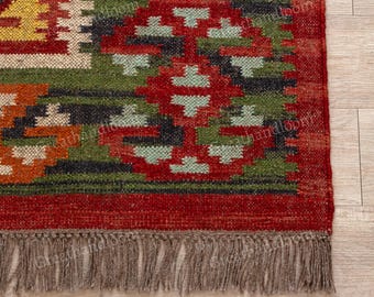 Handwoven Wool Jute Kilim Rug, Bohemian Dhurrie Rug