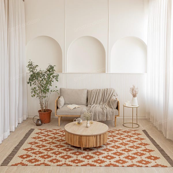 Handgeweven wollen jute kelimtapijt, boho dhurrie, aangepast formaat