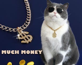 Gold Dollar Sign Pet Necklace, Rhinestone Dog Cat Chain Collar, Hip Hop Puppy Jewelry