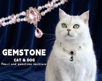 Pearl Gemstone Cat Necklace, Emerald Pendant, Luxury Pet Jewelry, Adjustable Collar