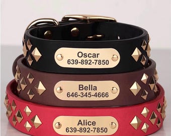 Custom Full Grain Leather Dog Collar, Personalized Nameplate Pet Gift, Studded Detail