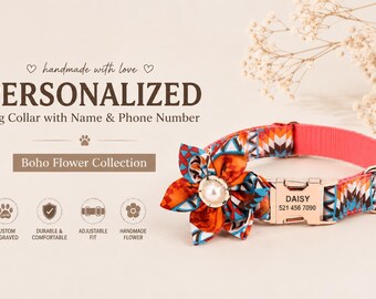 Personalized Boho Floral Dog Collar, Engraved Name Phone Number Buckle