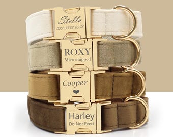 Personalized Suede Dog Collar Leash Set | Engraved Pet Name Gold Buckle