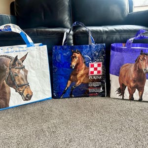 May include: Three tote bags made from repurposed feed bags, each featuring a horse image. The bags have blue and white handles. One bag has a horse head, and the other two have full horse images. The bags are on a carpeted floor.