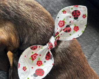 Lady bug Dog Bow Tie red flowers with swirls, Tie-On, Pet Bandana