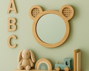 Bear Shaped Wooden Mirror, Nursery & Kids Room Wall Decor with Rattan Accents, Boho Scandi Home Decor, Gift for Baby Shower and Home