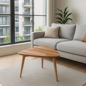 Puede incluir: Mesa de centro triangular de madera clara con diseño de espiga. Tiene tres patas de un tono marrón más claro. La mesa está en un salón, cerca de un sofá gris.