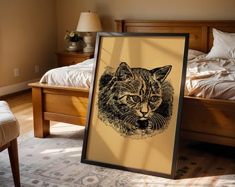 May include: A rectangular framed wall art piece featuring a black ink illustration of a cat head with detailed fur textures and whiskers, set against a solid mustard yellow background within a thin black frame.