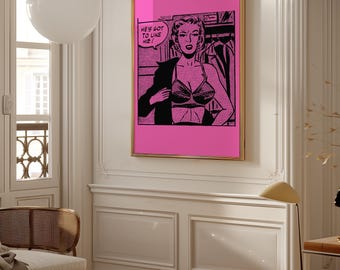 Sexy Girl Pop Art Poster - Retro Wall Art Decor, Vintage Comic Style, Office Decor, Gift for Art Lovers, Fun Pink Design, CUSTOM COLOR!