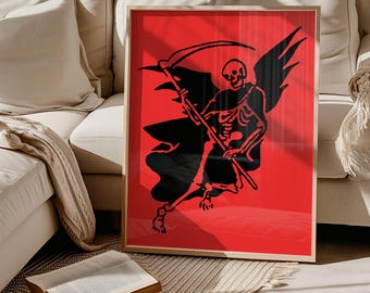 May include: A rectangular framed wall art piece featuring a bold black graphic of a winged skeleton holding a scythe against a vibrant red background. The artwork is encased in a light-colored wooden frame, presenting a stark contrast between the dark figure and the bright red backdrop.