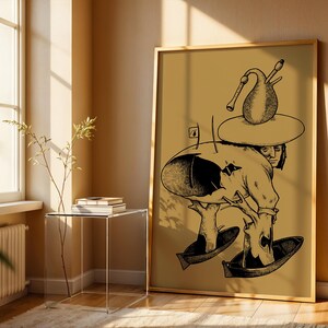 May include: A framed vertical art print featuring a surreal black ink illustration on a tan background. The drawing depicts a figure with a large hat, a bulbous object on top, and tree-like legs standing in two small boats, with a small light switch.