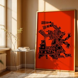 Peut inclure: Une œuvre d'art murale encadrée rectangulaire présentant un fond orange vif avec une illustration graphique noire détaillée d'une figure stylisée de profil, portant une coiffe élaborée et assise sur une structure géométrique à gradins.