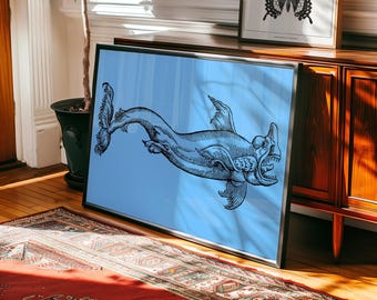 Vintage Shark Art Poster Print, Retro Nautical Decor, Marine Biology Gift, CUSTOM COLOR!