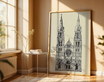 Vintage Cathedral Illustration Matte Poster Print | Architectural Line Art | CUSTOM COLOR!