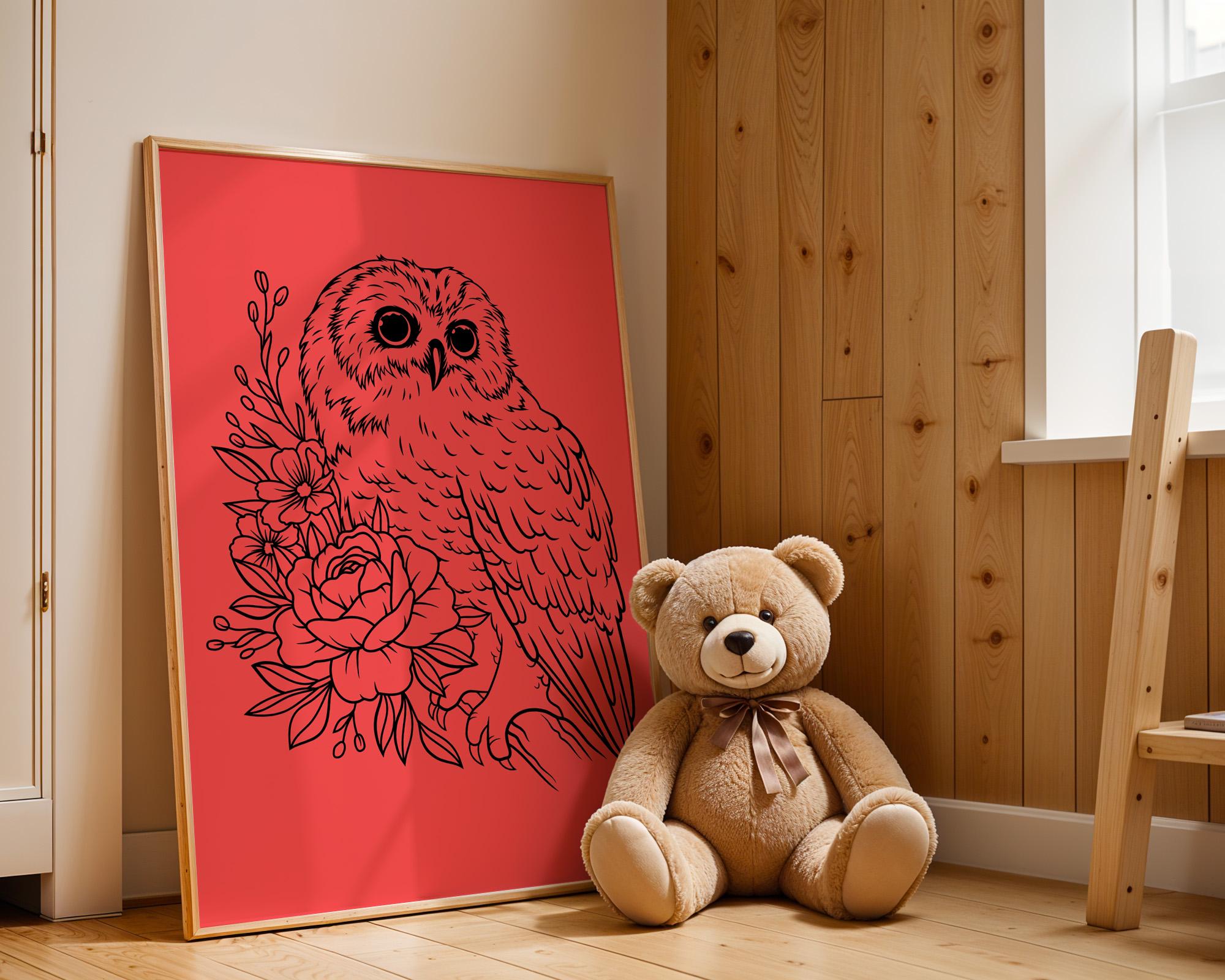 Owl with Roses Matte Poster Print | Botanical Bird Wall Art | CUSTOM COLOR!