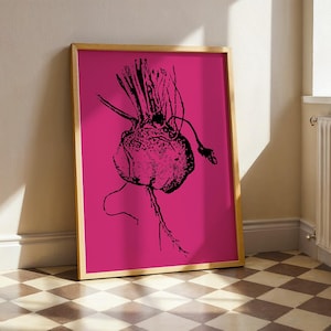 May include: A framed rectangular wall art print featuring a bold magenta background with a detailed black ink illustration of a single beet root with leafy tops and thin dangling roots centred within the frame in a light wood finish.