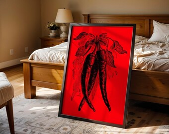 Chili Pepper Vintage Illustration Art Poster Print, Spicy Kitchen Decor, CUSTOM COLOR!