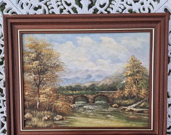 Vintage Impasto Oil Painting: Cottagecore Stone Bridge Landscape, Framed