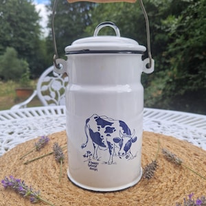 Vintage enamel milk jug with lid cottagecore farmhouse kitchen canister cow print country decor rustic enamelware pitcher metal container