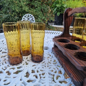 Vintage amber ribbed glass set of six with wooden caddy 2.2 kg 4.8 lb mid century tall drinking glasses transportable handmade barware