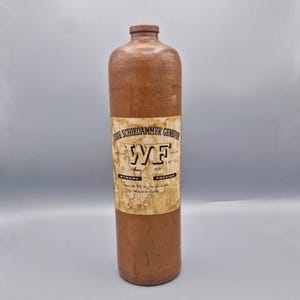 Antique stoneware bottle Wynand Fockink Amsterdam genever crock French import clay liquor Dutch jug bar decor 1L gift idea mancave accessory