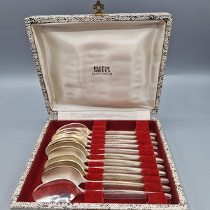 Vintage French Silver Plated Coffee Spoons Set of 11 in Original Box Eugène Millet Carcassonne Mid Century Flatware Tableware Gift