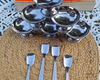 Coupes à Glace Inox Set de 6 avec 5 Cuillères, Coupes Dessert Métal Vintage Mid Century, Inox Français, Boîte Originale